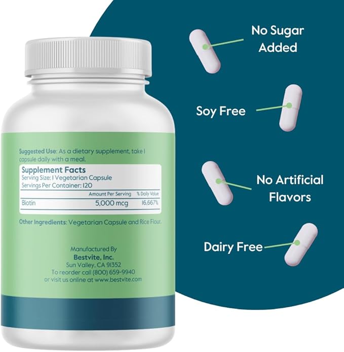 BESTVITE Biotin 5000mcg (240 Vegetarian Capsules) (120 x 2) - No Stearates - No Flow Agents - Vegan - Non GMO - Gluten Free - Hair, Skin, Nails