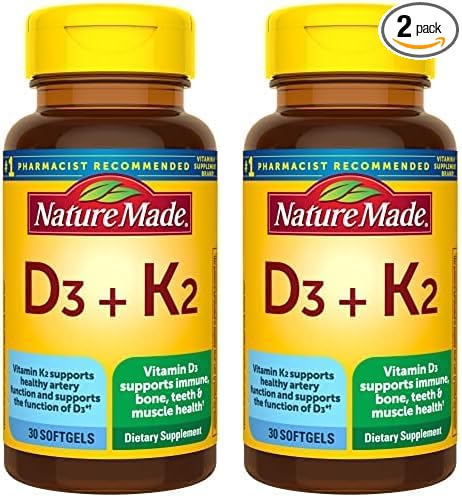 Nature Made Vitamin D3 K2, 5000 IU (125 mcg) Vitamin D, Dietary Supplement for Bone, Teeth, Muscle and Immune Health Support, 30 Softgels, 30 Day Supply (Pack of 2)