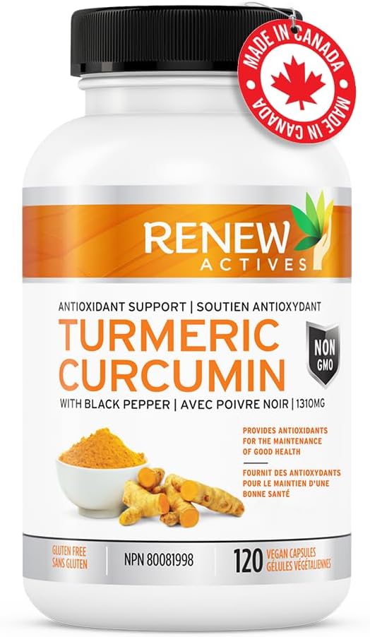 Renew Actives Turmeric Curcumin with Black Pepper – 600MG Turmeric Root, 100MG Curcuminoids per 2 Capsules – Supports Digestion, Liver Health, Joint Relief & Mobility – Made in Canada – 120 Capsules