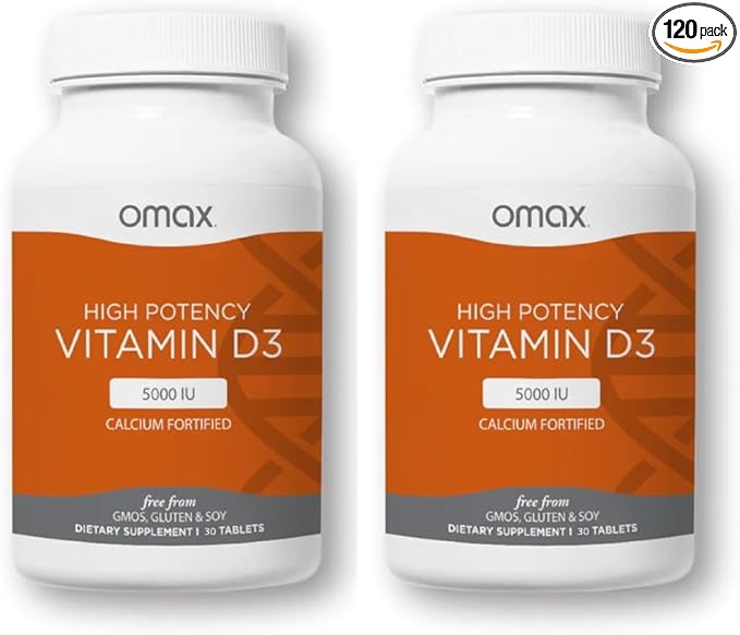 Omax3 Vitamin D3 5000 IU + Calcium, 60-Day Supply, Strong Bones, Muscles & Joints, Heart Health, Immunity, Non GMO, No Gluten, No Soy - 30 Tablets/per Bottle (Pack of 2)