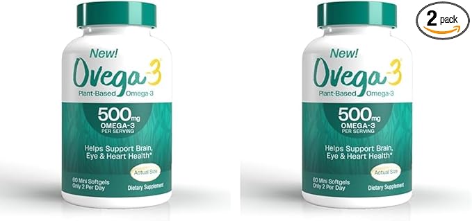 OVEGA-3 Plant-Based Omega-3 from Algal Oil Daily Supplement, 500mg, Supports Brain, Eye & Heart Health, Two Mini softgels per Day, 60 Count (Pack of 2)