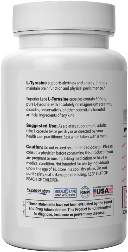 Superior Labs – Pure Natural L-Tyrosine NonGMO – 500 mg, 120 Vegetable Capsules – Supports Mental Clarity – Promotes Alertness – Boosts Energy – Dietary Supplement for Calming and Relaxation