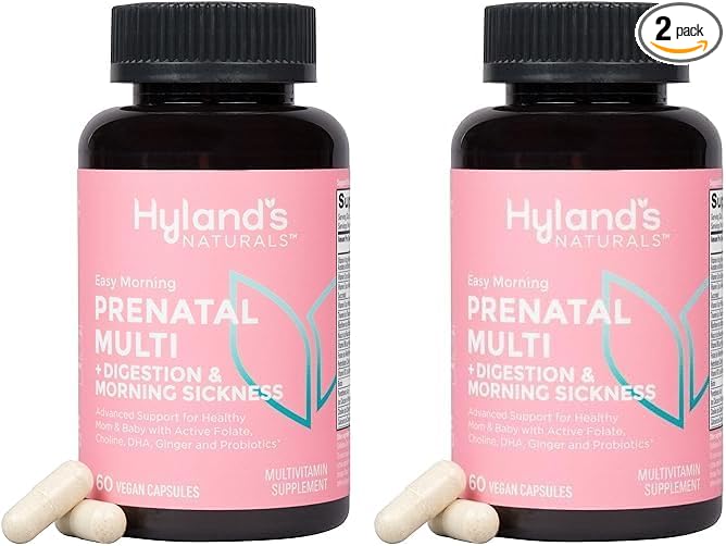 Hyland's Easy Morning Prenatal Multivitamin and Digestive Health and Morning Sickness Relief, 60 Vegan Capsules, with Folate, Choline, Zinc, Ginger Root, Prebiotics and Algae DHA (Pack of 2)