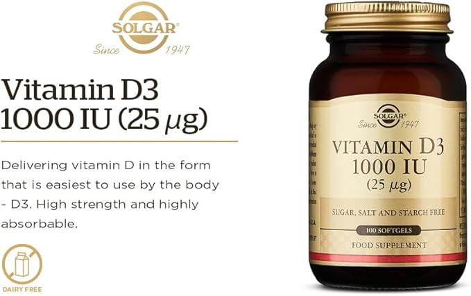 Solgar Vitamin D3 (Cholecalciferol) 25 mcg (1000 IU), 100 Softgels - Helps Maintain Healthy Bones & Teeth - Immune System Support - Non-GMO, Gluten Free, Dairy Free - 100 Servings