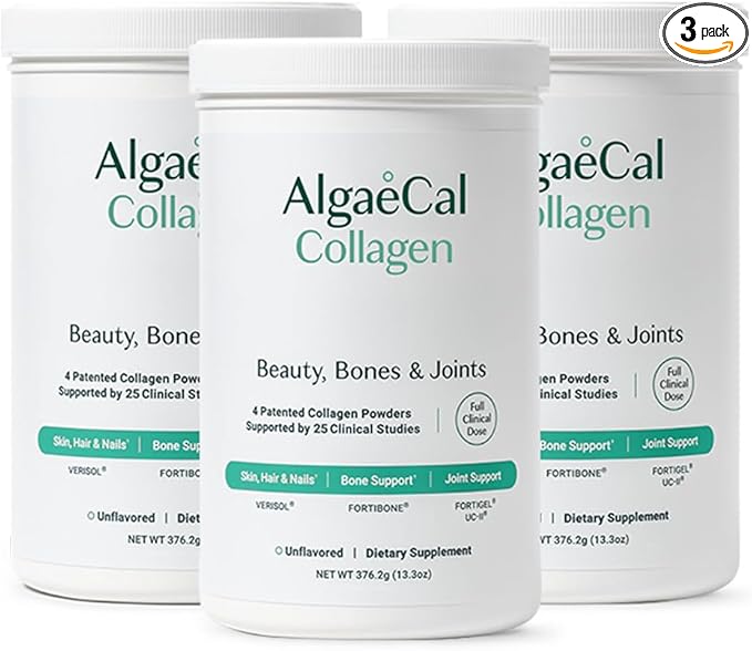ALGAECAL Collagen: 4 Clinically-Supported Collagen Peptides VERISOL®, FORTIGEL®, UC-II®, FORTIBONE®, Anti-Aging Hydrolyzed Collagen Powder, 3 Packs, Made in USA