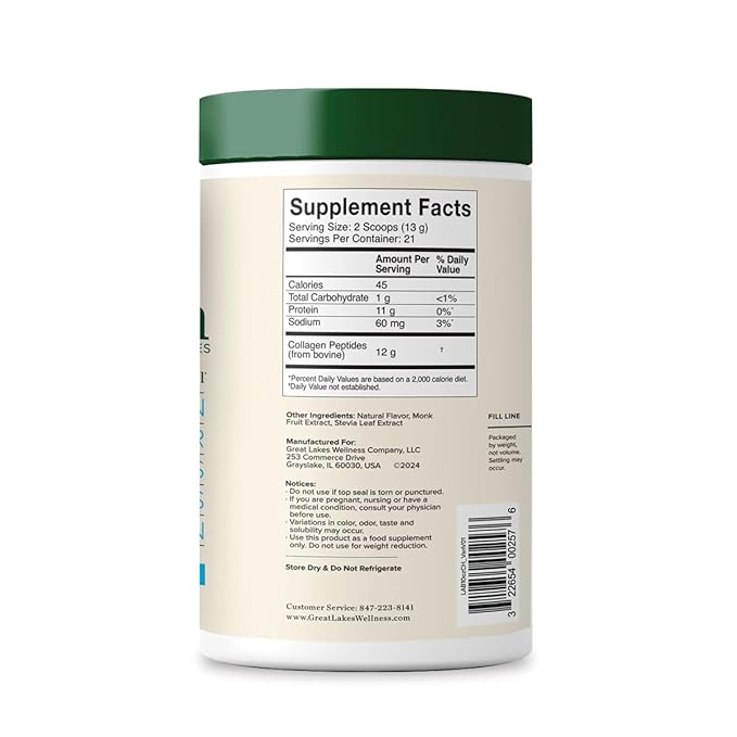 Great Lakes Wellness Collagen Peptides Powder for Skin, Hair, Nails, Joints & Digestion - Vanilla Flavored - Quick Dissolve Hydrolyzed, Non-GMO, Kosher - 10 oz