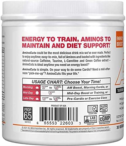ALLMAX Nutrition AMINOCUTS (ACUTS), Amino-Charged Energy Drink with Taurine, L-Carnitine, Green Coffee Bean Extract, Orange, 30 Servings