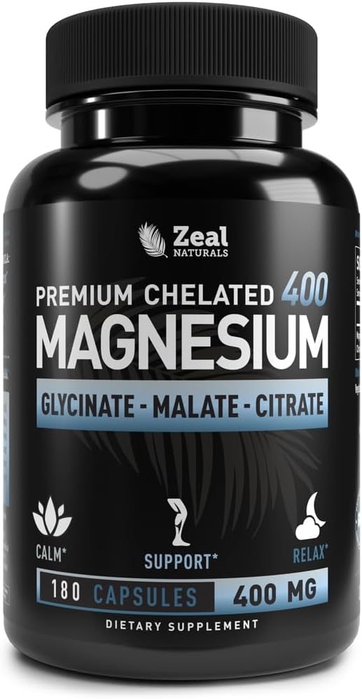 Premium Chelated Magnesium Glycinate, Malate, Citrate (400mg | 180 Capsules) Triple Blend Magnesium Complex