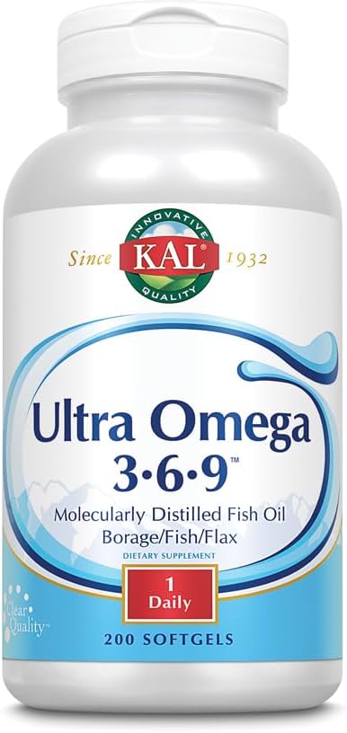 KAL Ultra Omega 3-6-9 1200mg | Fish Oil w/Cold Pressed Flaxseed & Borage Oil | Skin, Hair, Heart, Memory | 200 Softgels