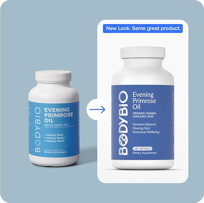 BodyBio Evening Primrose Oil - Natural Gamma Linolenic Acid for Healthy Skin & Hormone Balance - Non-GMO, Cold Pressed, 180 softgels