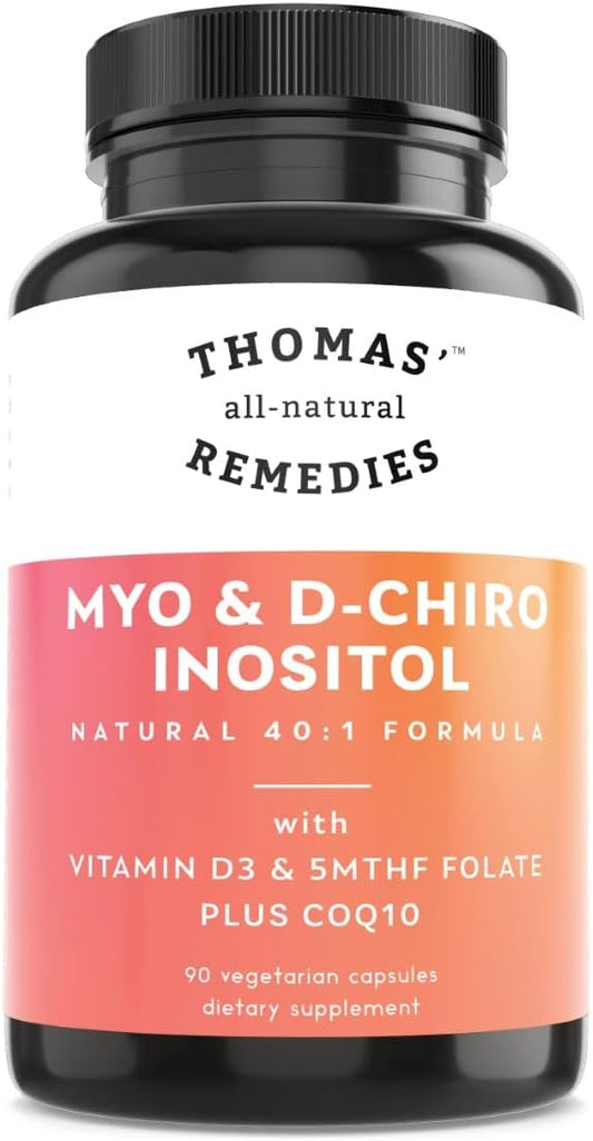 Thomas' all-natural Remedies Myo Inositol Supplement & D-Chiro Inositol Blend Supplement with Folate and Vitamin D3, 40 to 1 Ratio, Non-GMO, No Fillers, CoQ10, 90 Vegan Capsules