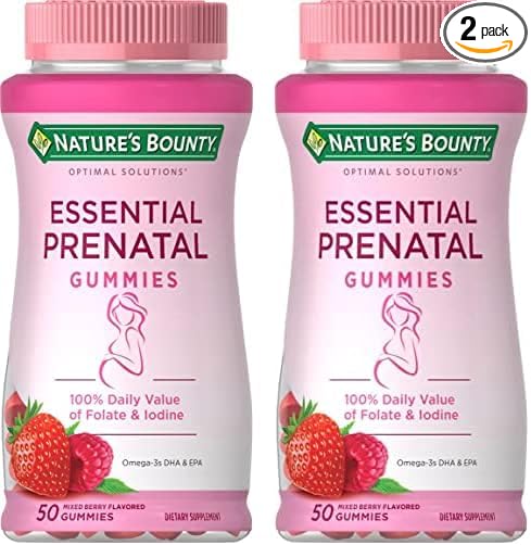 Nature's Bounty Essential Prenatal Gummies, Folic Acid and Iodine, Omega 3 and DHA, 50 Count (Pack of 2)