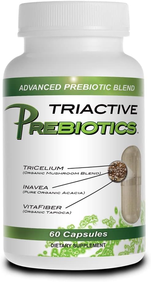Triactive Prebiotics Capsules - Organic Tricelium Mushroom Blend, Pure Acacia, VitaFiber Prebiotic Supplement - Natural, Vegan, Non-GMO Prebiotics For Women & Men - 60 Veggie Capsules