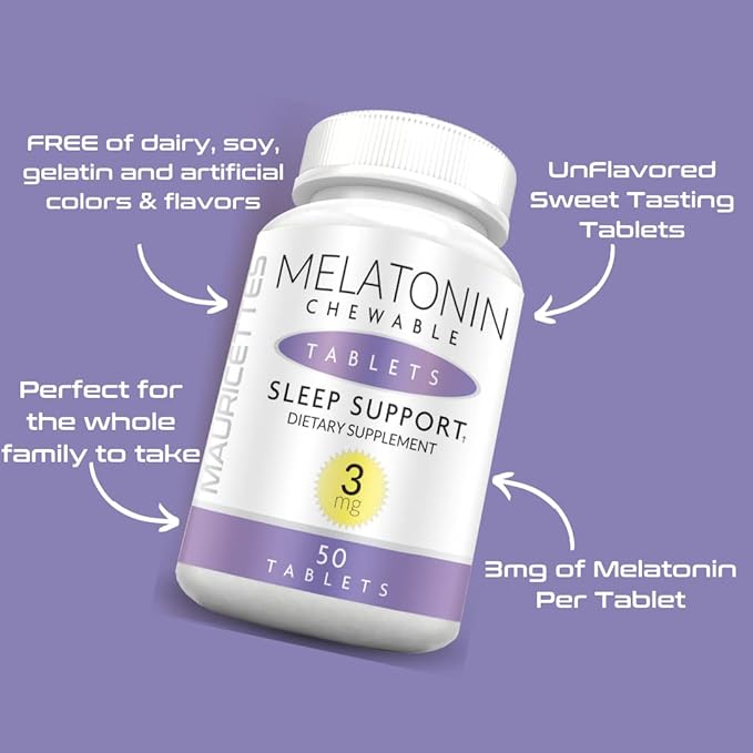 Natural Melatonin 3mg Chewable Tablets - Fast Acting 3 mg Sleeping Pills for Kids, Teens, and Adults, Unflavored, Non Addictive, Dissolvable Sleep Support Aid, 50 Chewables