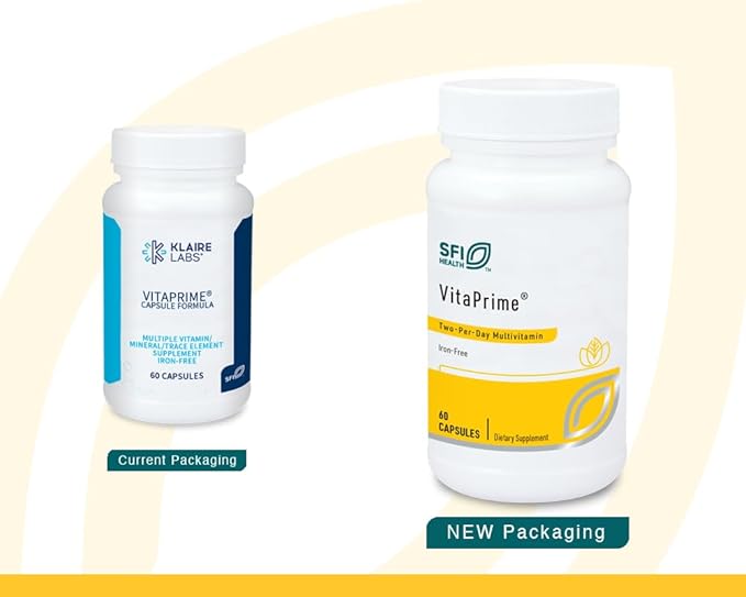 Klaire Labs SFI Health VitaPrime - Iron Free Multivitamin for Women & Men - Promote Immune Function & Support Nutritional Gaps - Two-Per-Day Multivitamin with Methyl Folate & B12 (60 Capsules)