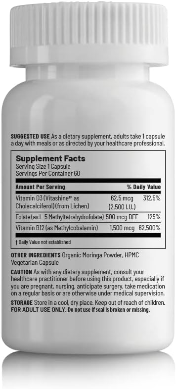 Unived Vegan B12 + D3, B12 (1500mcg Methylcobalamin), D3 (2500IU, Lichen), B9 (500mcg 5-MTHF) & Moringa, Immune Bone & Heart, Energy & Metabolism, 60c