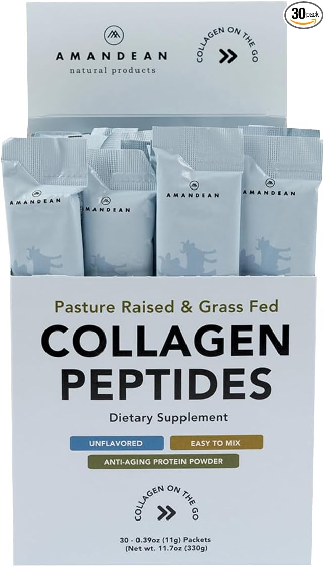 AMANDEAN Collagen Peptides Powder Packets | 30 Individual Stick Packs | Grass-Fed Hydrolyzed Collagen Protein | Unflavored, Easy to Mix | Travel Friendly | Promotes Healthy Gut, Skin, Hair, Nails.