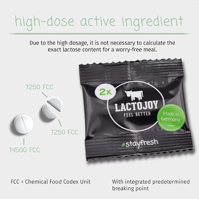 LactoJoy Lactase Pills I Powerful Lactase Enzymes for Lactose Intolerance I for Improved Digestion I No Silicon Dioxide, No Artificial Flavors I Vegan I Sample-Package of 5 Sachets à 2 Tablets