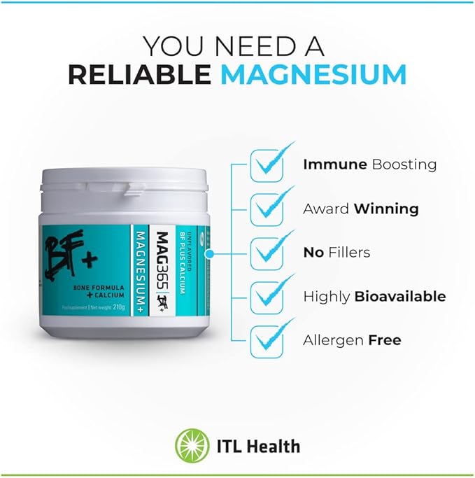 ITL Health BF Plus Calcium, 210g 35-Servings - Ionic Magnesium Citrate Powder, Natural Citrus Flavor - Vitamin K2 D3 with Zinc, B6, C, Calcium & Potassium - Bone Support Formula for Men & Women
