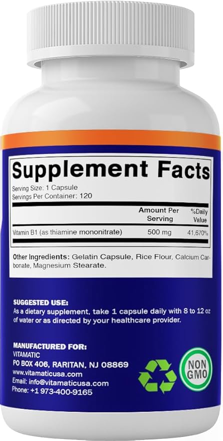 Vitamatic Vitamin B1 (Thiamine) 500mg, 120 Capsules