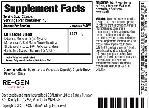 Re+Gen Nutrition Lysine Rescue, Amino Acid Supplement for Stronger Immune Health & Collagen Synthesis in Women & Men, Promotes Lips & Skin Health, Natural, Pure L-lysine, 90 Capsules, 45 Day Supply