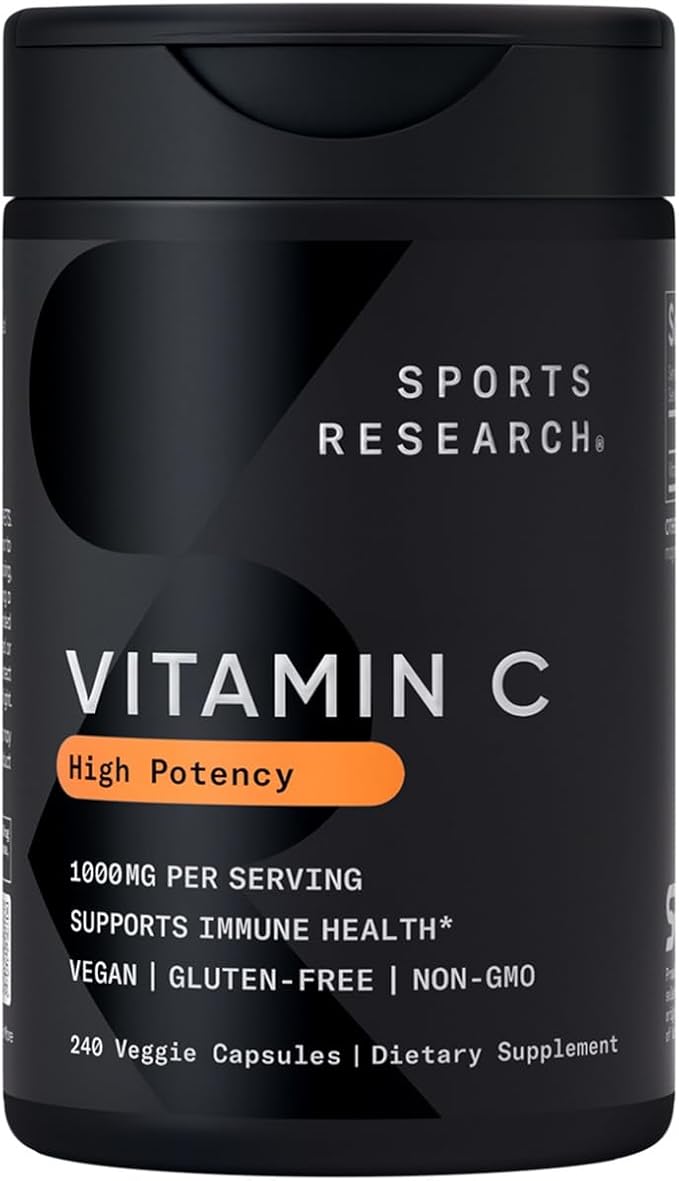 Sports Research Vitamin C 1000mg - Non-GMO Project Verified Ascorbic Acid Vitamin C Supplement for Immune Support & Antioxidant Protection | Vegan Friendly, 8 Month Supply (240 Count)