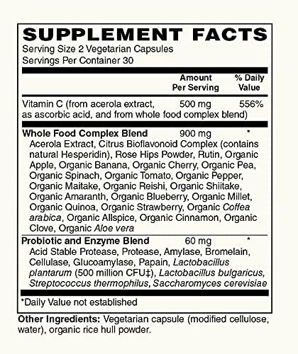 Vitamin C | 500mg Whole Food Vitamin C from Acerola Cherry Extract with Citrus Bioflavonoid Complex | 23 Organic Fruits & Vegetables Blend | Probiotics and Enzymes | 60 Vegan Capsules