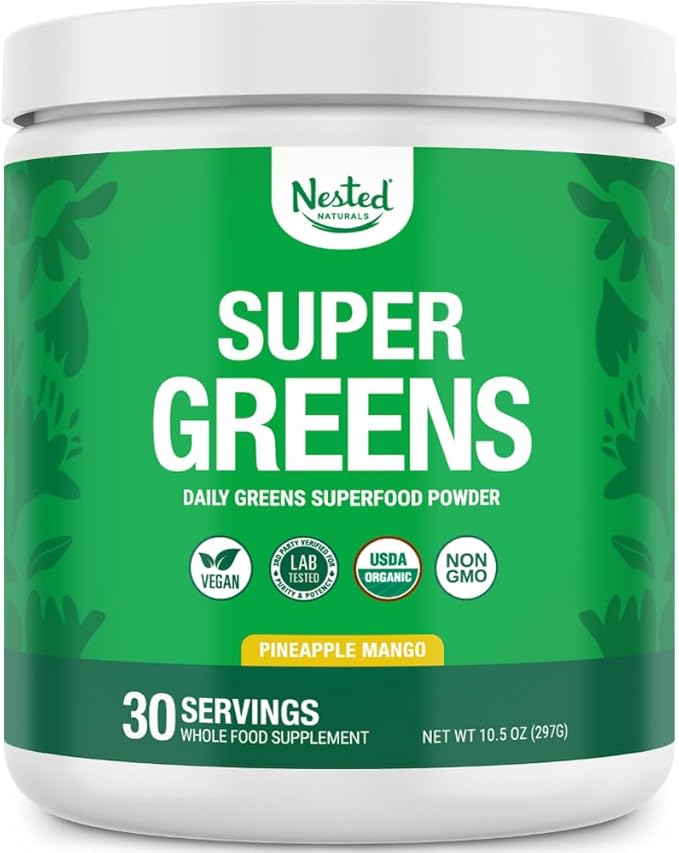 Super Greens Daily Greens Superfood Powder - Certified USDA Organic Green Powder w/20+ Whole Foods, Spirulina, Wheat & Barley Grass - Probiotics, Fiber & Enzymes - Pineapple Mango, 30 Servings