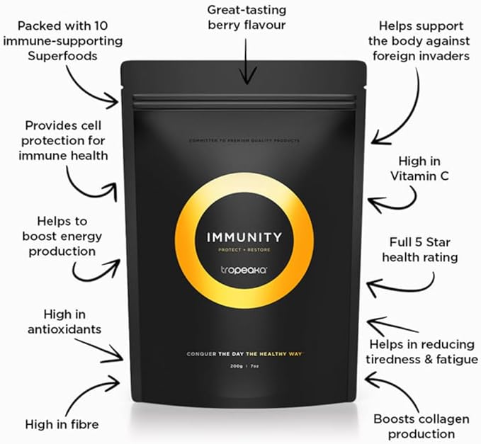 Tropeaka Immunity Powder - Immune Support Supplement, Antioxidant Rich Superfood Powder with Vitamins & Minerals, Boost Energy & Collagen Production - Vegan, Gluten Free, Non-GMO - 7oz (20 Servings)