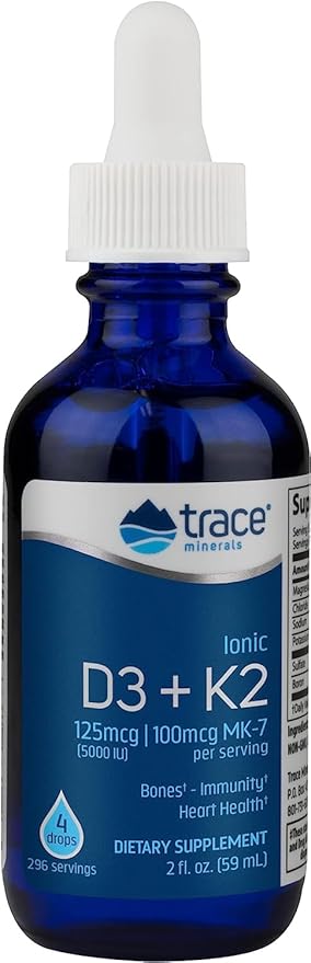 Trace Minerals | Liquid Ionic Vitamin D3 + K2 | 125 mcg (5,000 IU) D3, 100 mcg K2 | Concentrated Dietary Supplement | 2 fl oz. 296 Servings