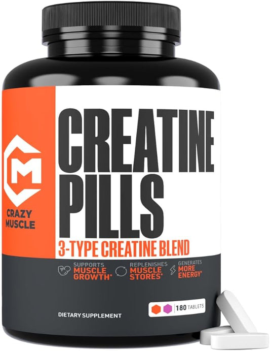 Crazy Muscle Creatine Monohydrate Pills, Premium 3 Type 5g Creatine Pills, Pre and PostWorkout & Keto Energy Builder, Easy to Take Three-Atine Pills for Optimum Performance Men Women, 180 Tablets
