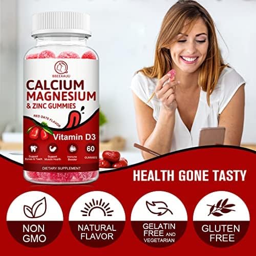 Calcium, Magnesium, Zinc & Vitamin D Gummies - 2 Pack | Vitamins for Women, Men & Kids | Calcium Supplements for Strong Healthy Bones, Zinc Gummies, Gluten-Free, Vegan - 120 Count