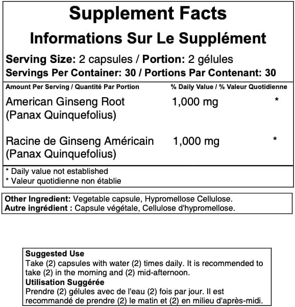 100% Pure Wisconsin American Ginseng Capsules - 500mg. Authentic Panax Quinquefolius. Potent Ground Ginseng Root - No Fillers, Binders or Other Additives.