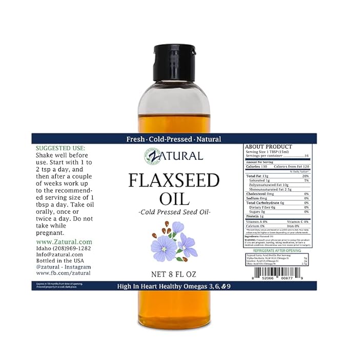 Zatural Flaxseed Oil Organically Grown 100% Pure Flax Seeds Cold Pressed Vegan Omega Fatty Acids (8oz)