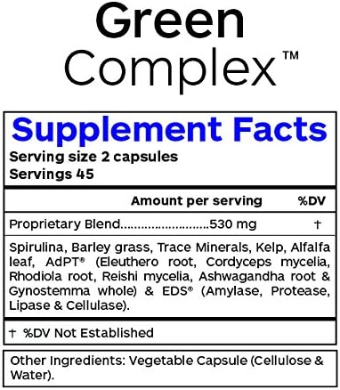 Green Complex - Vegan Non GMO Organic Spirulina Algae, Organic Barley Grass Eleuthero, Cordyceps, Rhodiola Rosea, Reishi, Ashwagandha Superfood Supplement - 90 Vegetarian Caps