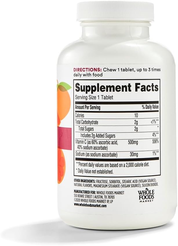 365 by Whole Foods Market, Chewable Vitamin C 500mg, Natural Citrus Flavor, Vegan, 100 Tablets