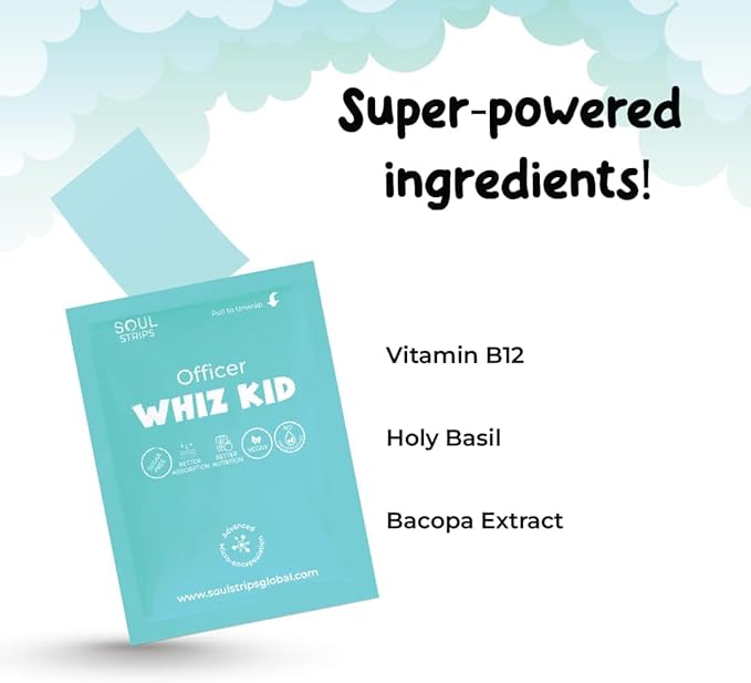 Soul Strips Officer Whiz Kid - Bacopa & Holy Basil for Enhanced Brain Function Vitamin B12, Mixed Berry Flavor, Zero Sugar, Vegan, 30 Strips Pack