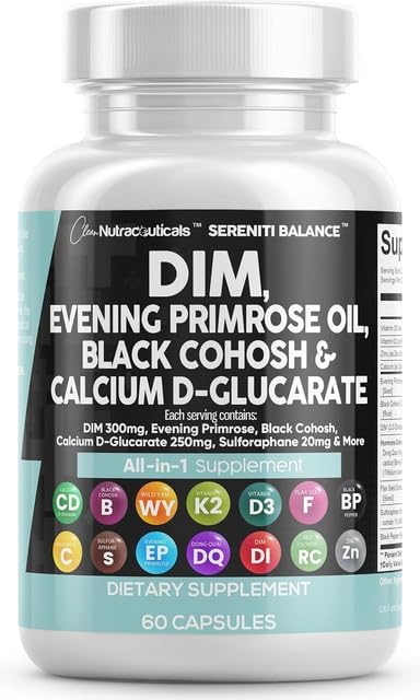Clean Nutraceuticals DIM Evening Primrose Black Cohosh Calcium D-Glucarate Sulforaphane Flax Seed Extract - Hormonal Support Vitamins for Women with Dong Quai - 60 Caps