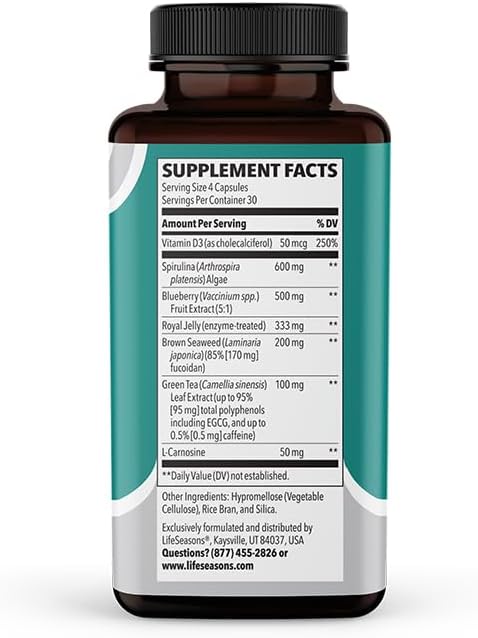 LifeSeasons Stem Boost-R - Stem Cell Support - Naturally Repair Damaged Tissue - Vitamin Supplement Rich in Antioxidants - Royal Jelly, Spirulina, Blueberry, Brown Seaweed & L-Carnosine - 120 Capsules