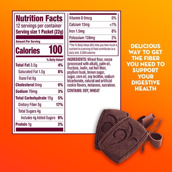 Metamucil, Fiber Thins, Daily Psyllium Husk Fiber Supplement, Supports Digestive Health and Satisfies Hunger, Chocolate Flavor, 48 Total Servings (4 Packs of 12)