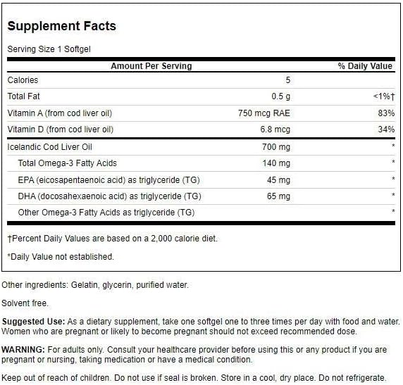 Swanson Cod Liver Oil - Wellness Supplement Promoting Bone, Skin Health, Vision Support & Immune System Function - Natural Formula with High Absorption Vitamin A - (250 Softgels, 700mg Each)