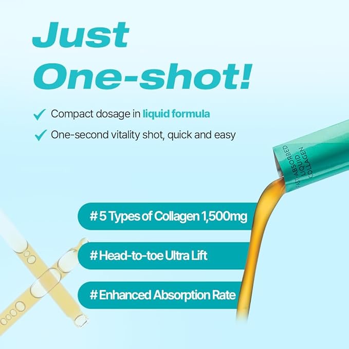 Liquid Collgen for Women, SuperCollagen Lift Shot - Premium Multi Collagens Peptides Type I, II, III, V, X 1500mg with Hyaluronic, Vitamin C, Third Party Certified, High Absorption