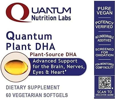 Quantum Nutrition Labs Plant DHA - Non-GMO Vegan DHA with Omega 3 Fatty Acids, Algae Based DHA for Women & Men, Natural DHA Supplement Suitable for Vegans- 60 Vegetarian Softgel Capsules