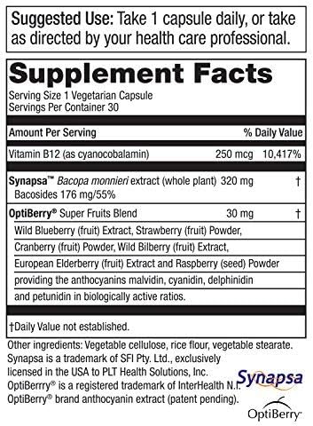 Purity Products Memory500 Bacopa monniera/Brahmi Elite Nootropic Complex - Supports Peak Cognitive Performance*, Increased Learning Speed* and Healthy Memory & Recall* - 30 Vegetarian Caps