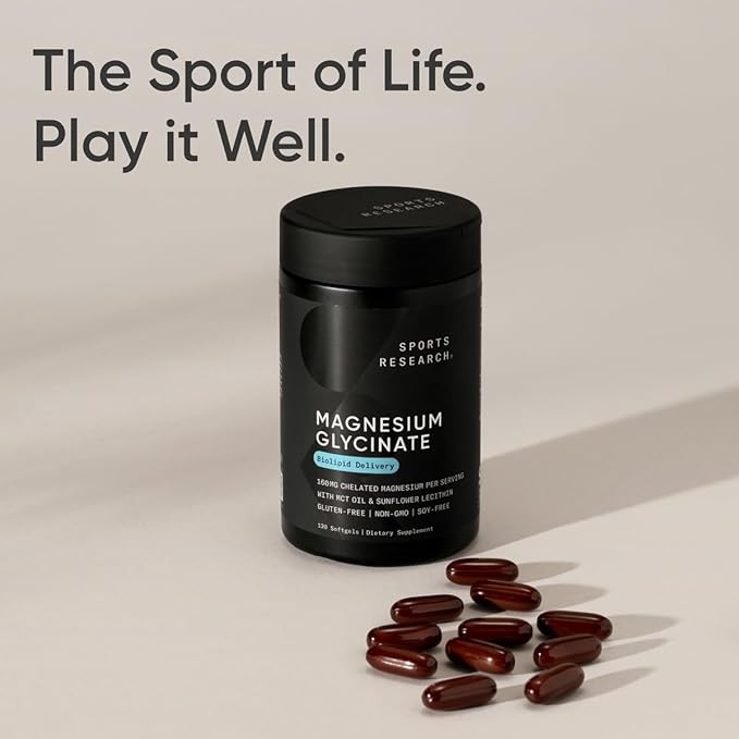 Sports Research® Magnesium Glycinate - Suports Restful Sleep & Enzymatic Processes - 160 mg Chelated Magnesium - Liquid Softgel - 120 Count