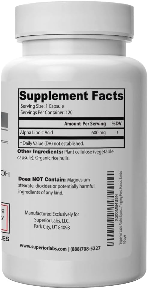 Superior Labs Alpha Lipoic Acid - Pure Non-GMO ALA 600mg (4 Month Supply) 120 Servings - Zero Synthetic Additives - Supports Healthy Aging, Nerve Health, Tingling Feet, Hands & Overall Wellbeing