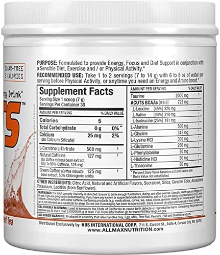 ALLMAX Nutrition AMINOCUTS (ACUTS), Amino-Charged Energy Drink with Taurine, L-Carnitine, Green Coffee Bean Extract, Sweet Tea, 30 Servings