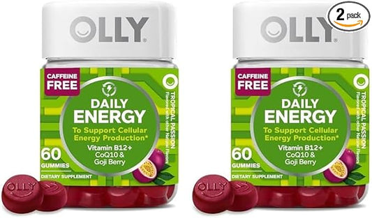 OLLY Daily Energy Gummy, Caffeine Free, Vitamin B12, CoQ10, Goji Berry, Adult Chewable Supplement, Tropical Flavor - 60 Count (Pack of 2)