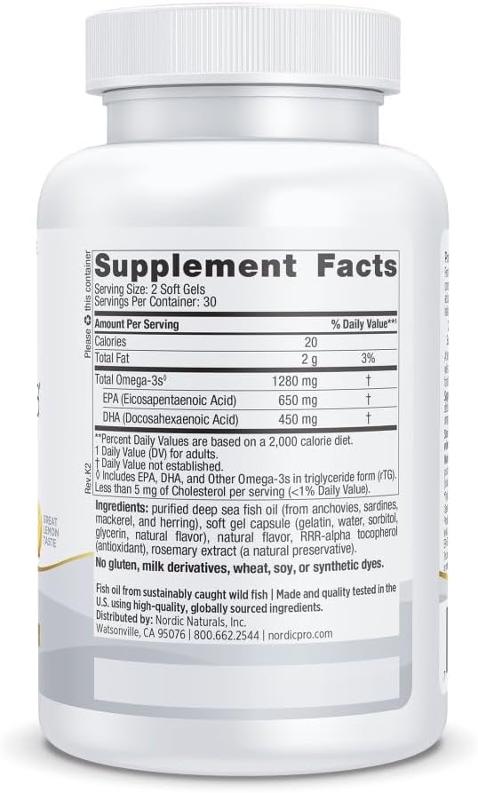 Nordic Naturals ProOmega, Lemon Flavor - 60 Soft Gels - 1280 mg Omega-3 - High Potency Fish Oil with EPA & DHA - Promotes Brain, Eye, Heart, & Immune Health - Non-GMO - 30 Servings