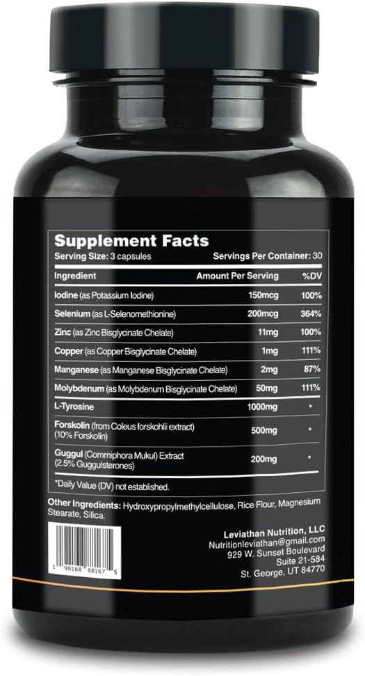 Leviathan Thyroid Support | Energy & Thyroid Health & Iodine Supplement, Selenium, Zinc, Manganese, Copper, L Tyrosine, Guggul Support for Women & Men